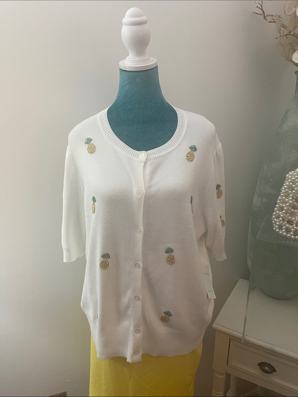 Free Assembly White Pineapple Embroidered Button-Front Sweater